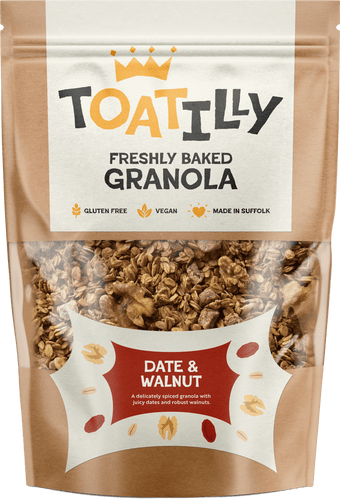 date and walnut granola in a pouch