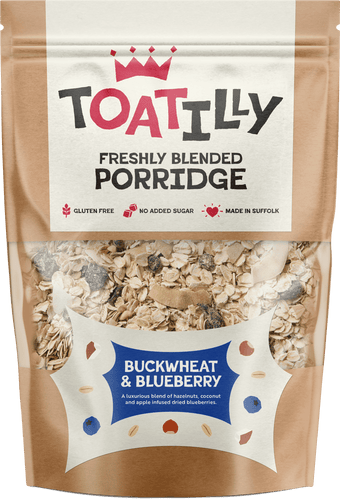 buckwheat and blueberry porridge in a pouch