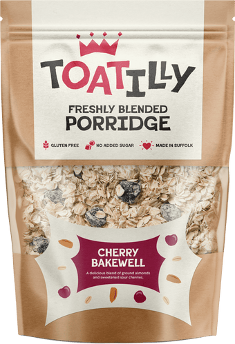 cherry bakewell porridge in a pouch