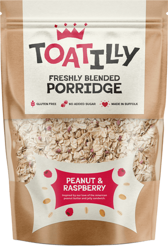 peanut and raspberry porridge in a pouch